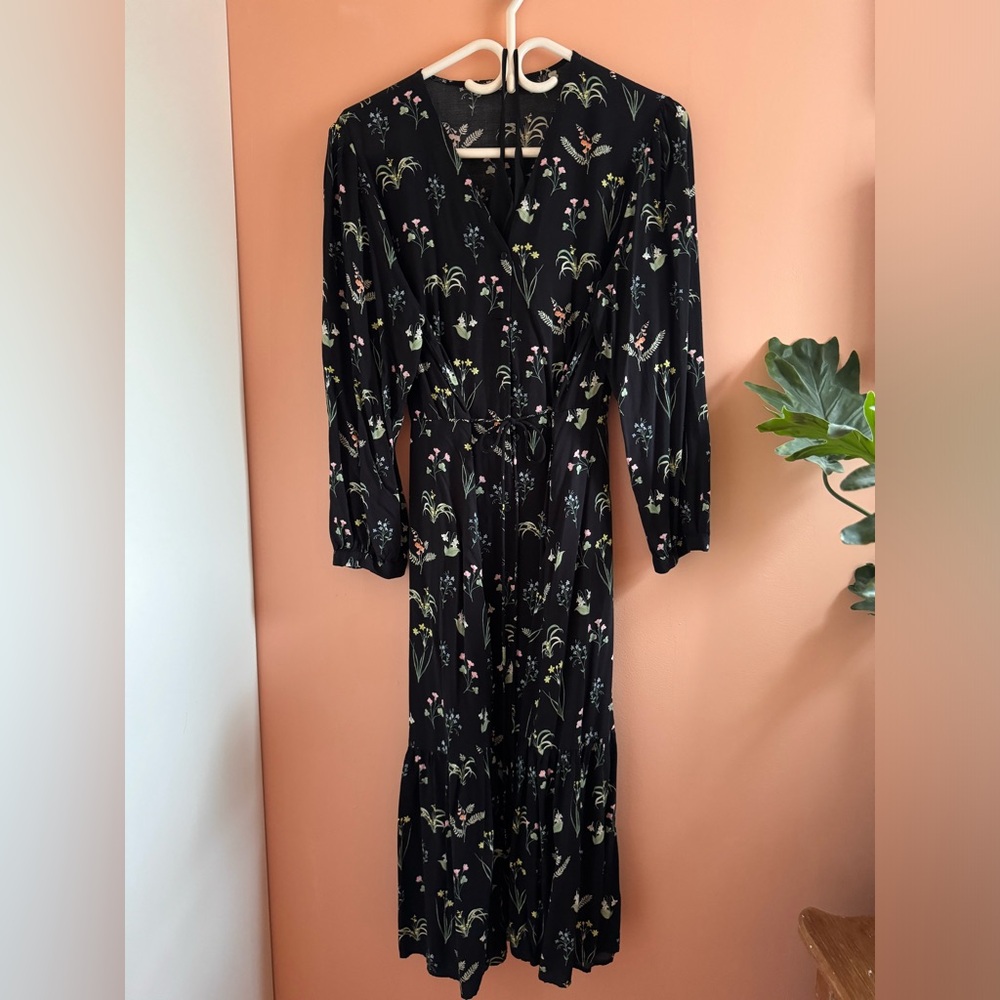 Uniqlo Black Floral Midi Dress with Pink and Green Accents